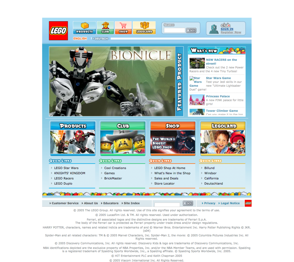 Site LEGO en 2005