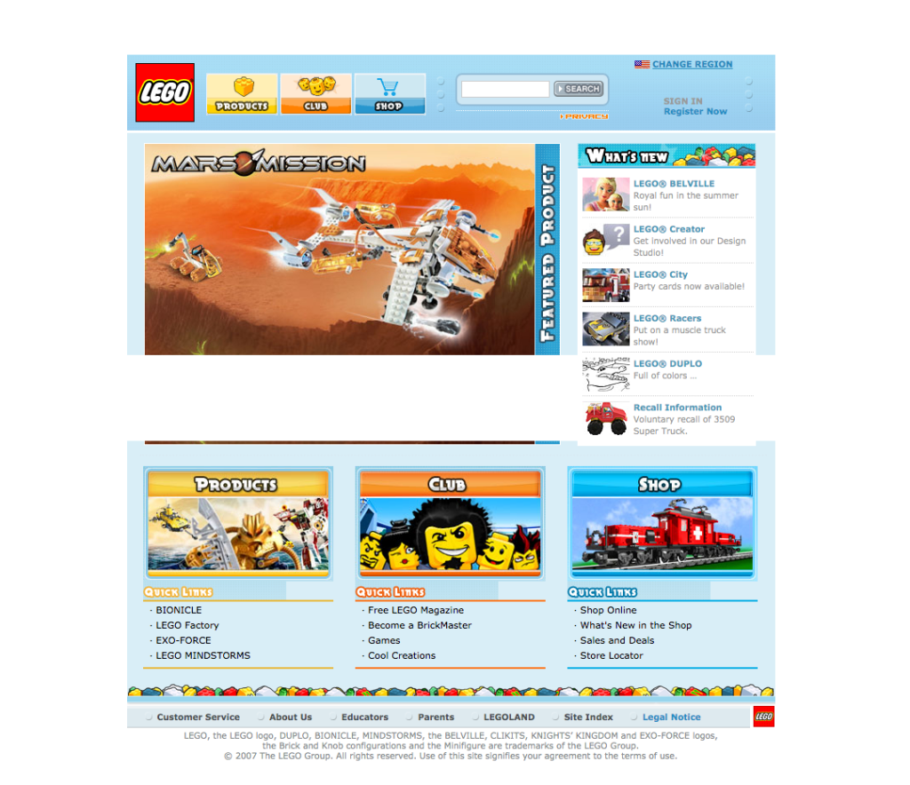 Site LEGO en 2007